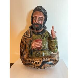 Vintage Hand Carved 9" Wood Santo Statue Folk Art Bulto Figure Wall Hanging